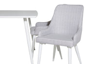 Polar Eettafel 120 cm - Wit + Plaza Eetkamerstoelen - Witte Poten - Lichtgrijs Stof (4 stuks)  Productomschrijving: