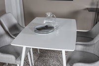 Polar Eettafel 120 cm - Wit + Plaza Eetkamerstoelen - Witte Poten - Lichtgrijs Stof (4 stuks)  Productomschrijving: