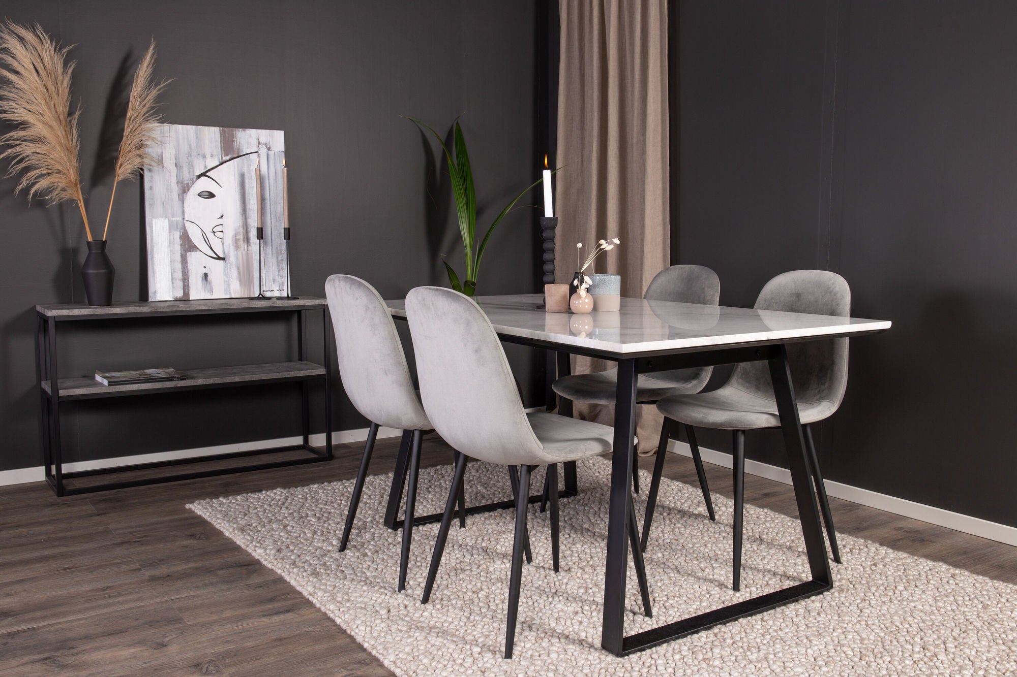 Estelle Eettafel 140x90 - Witte Marmerlook / Zwarte Poten + Polar Dining Stoelen - Zwarte Poten / Lichtgrijze Velvet (4 stuks)